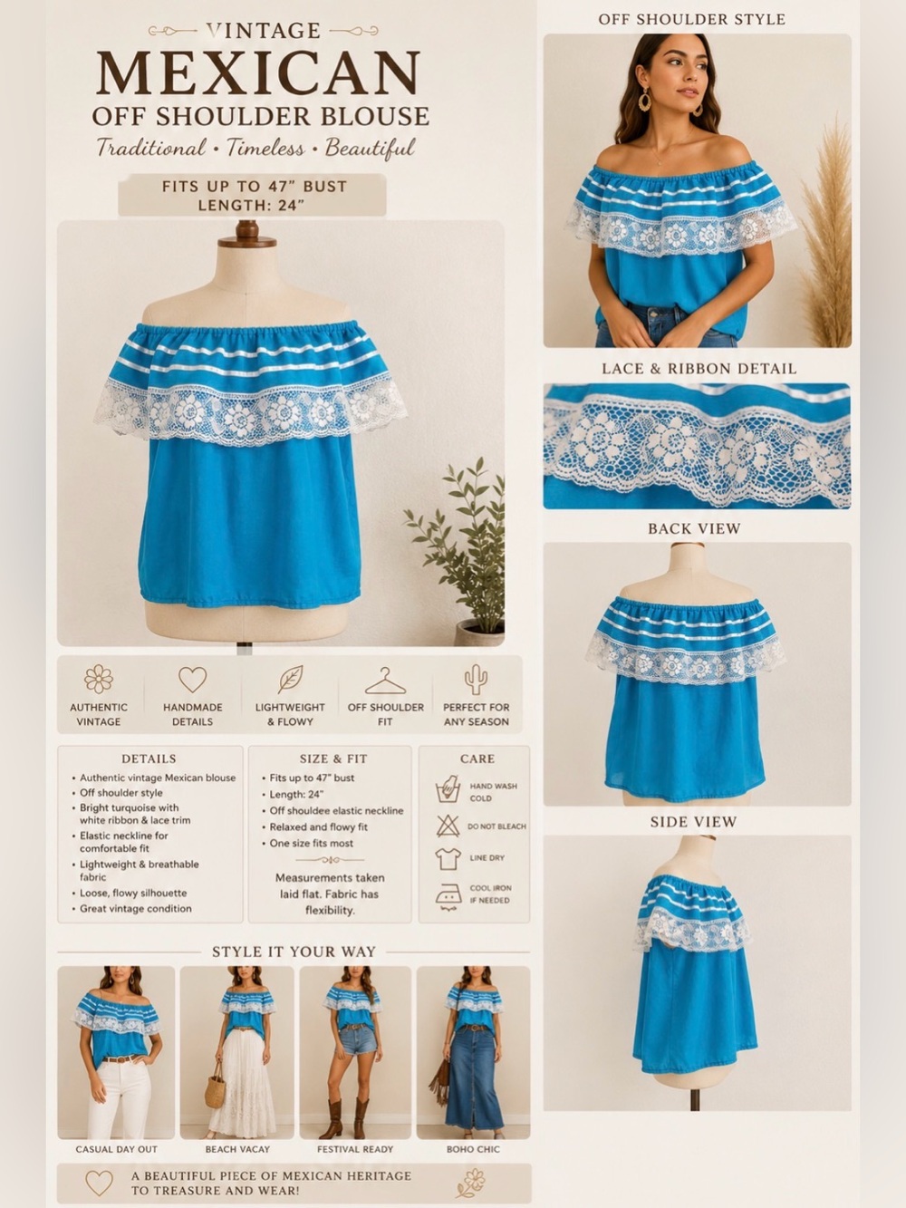 Vintage Mexican Off-Shoulder Blouse - Blue with White Lace